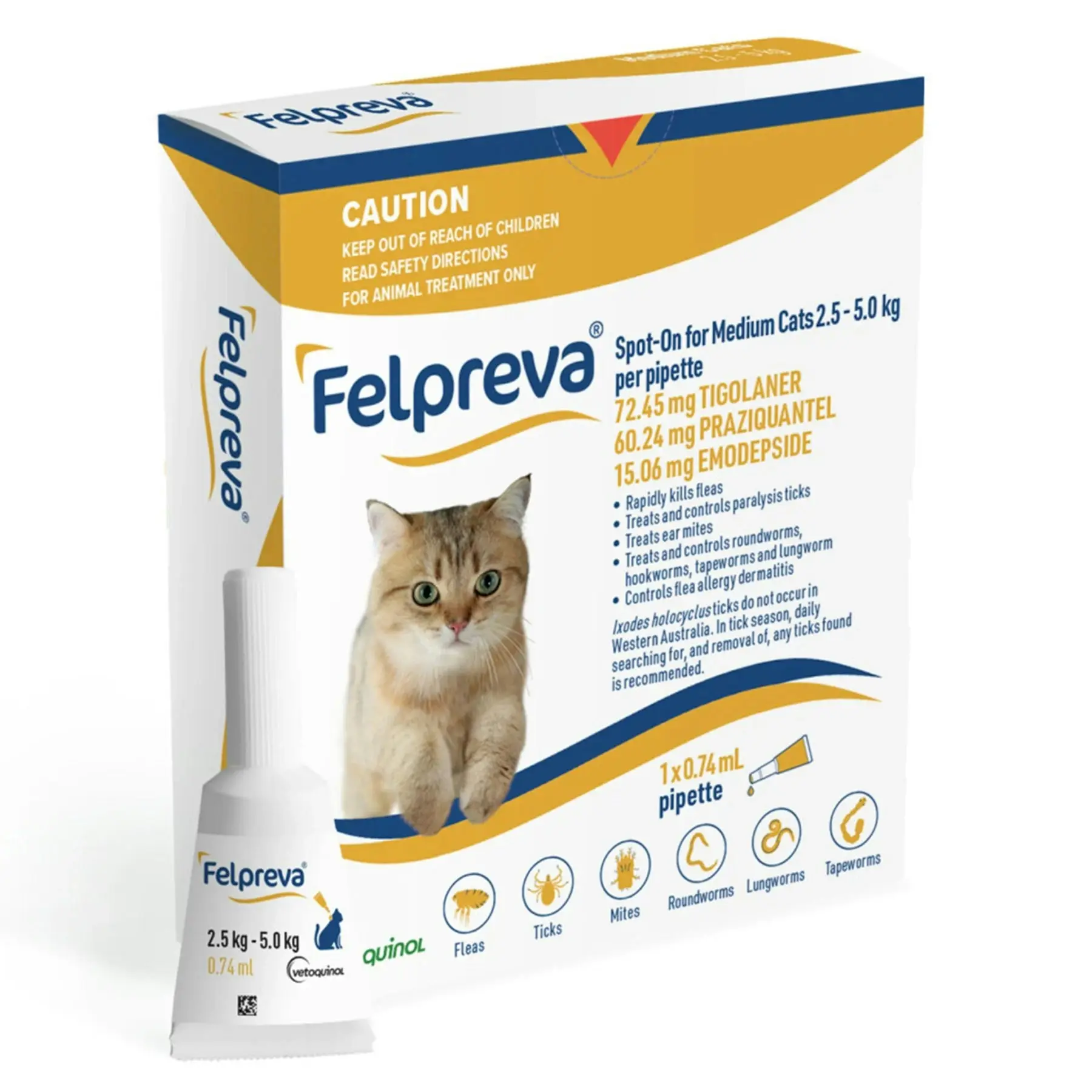 Felpreva Cat Spot On Flea Tick and Worming Treatment 2.5KG-5KG (Yellow)