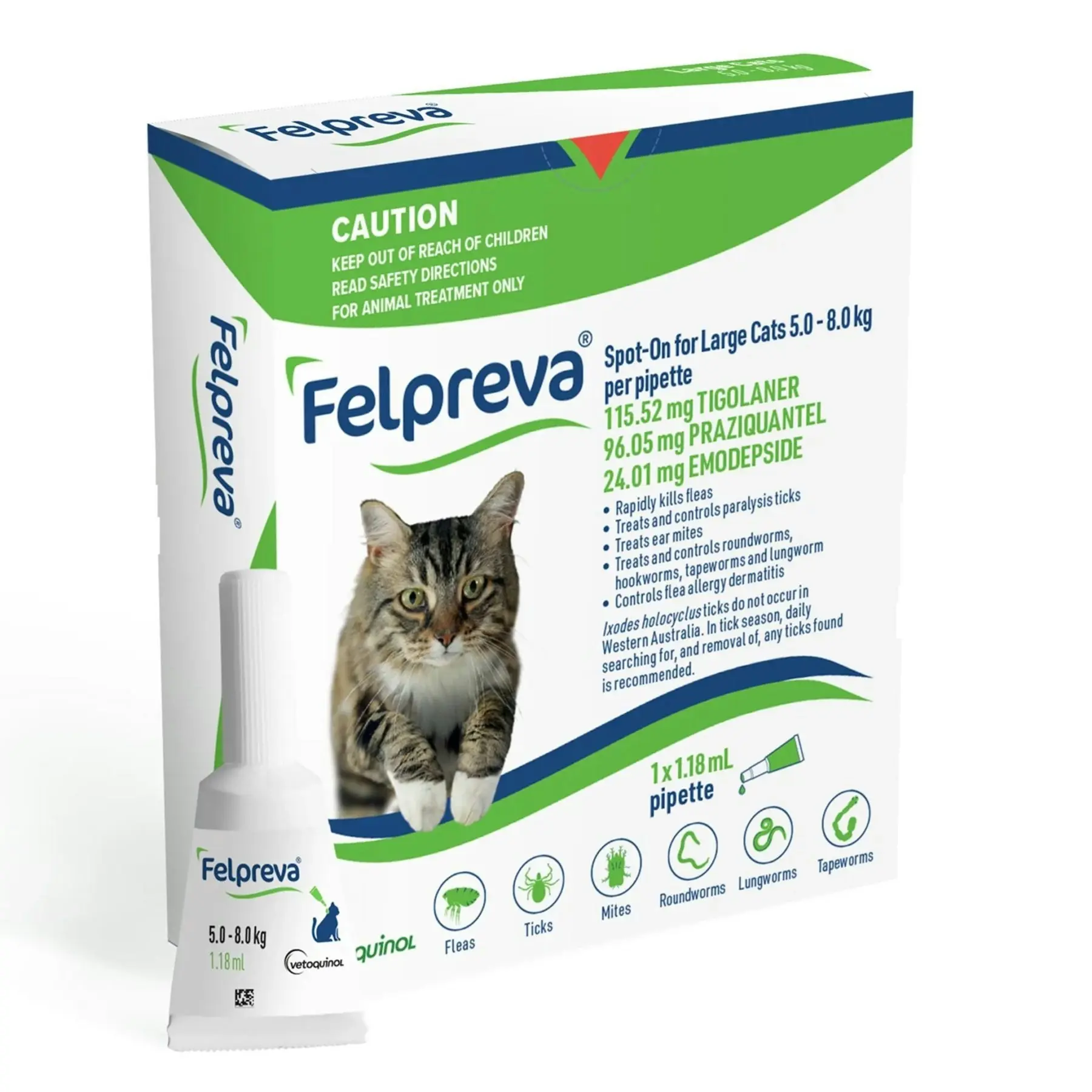 Felpreva Cat Spot On Flea Tick and Worming Treatment 5KG-8KG (Green)