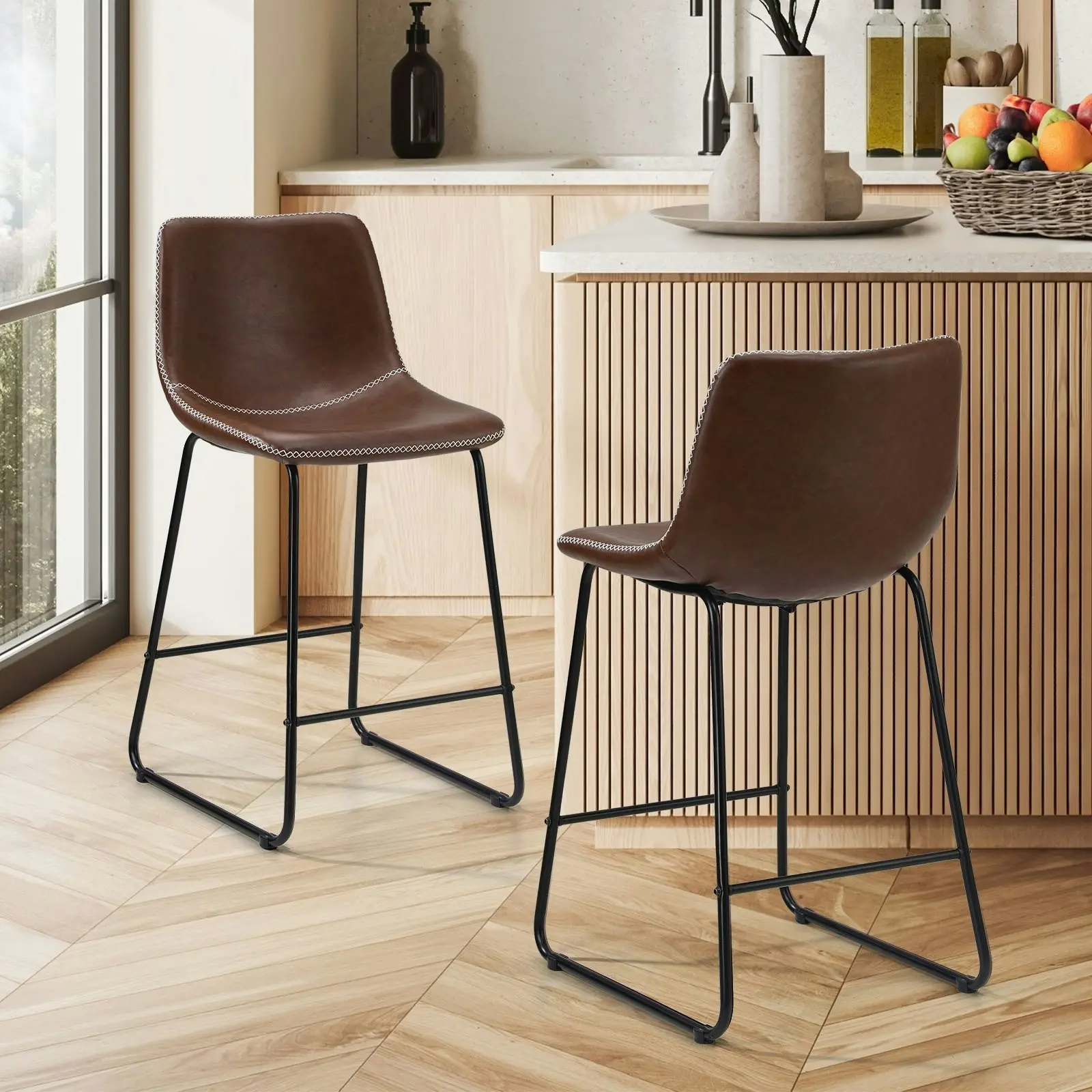 Oikiture 2x Bar Stools Kitchen Dining Chairs Leather Metal Brown