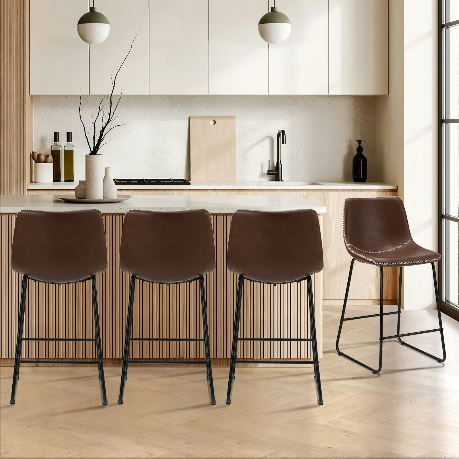 Oikiture 4x Bar Stools Kitchen Stool Dining Chairs Metal Leather Brown