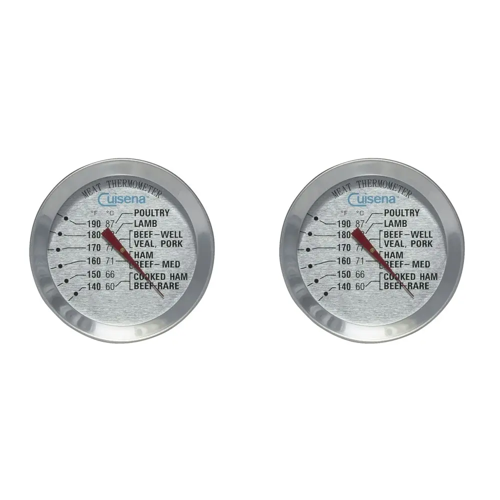 2x Cuisena Round Analogue Stainless Steel Glass Meat Thermometer Cooking Silver