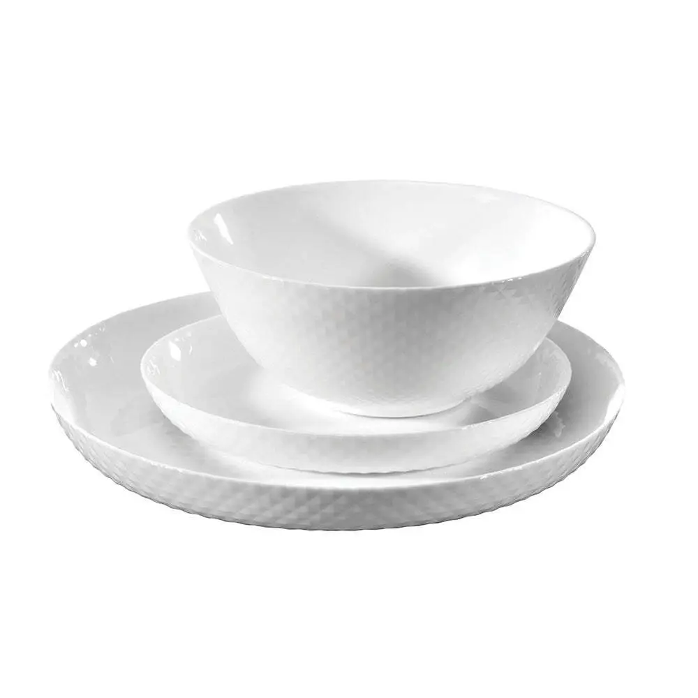 12pc Wiltshire Diamond Glossy White Textured Glass Everyday Dinner Set