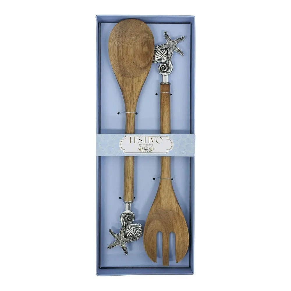 2PK Acacia Wood/Metal Sea Shells Spoon/Fork Salad Server Utensil Cutlery Set BRN