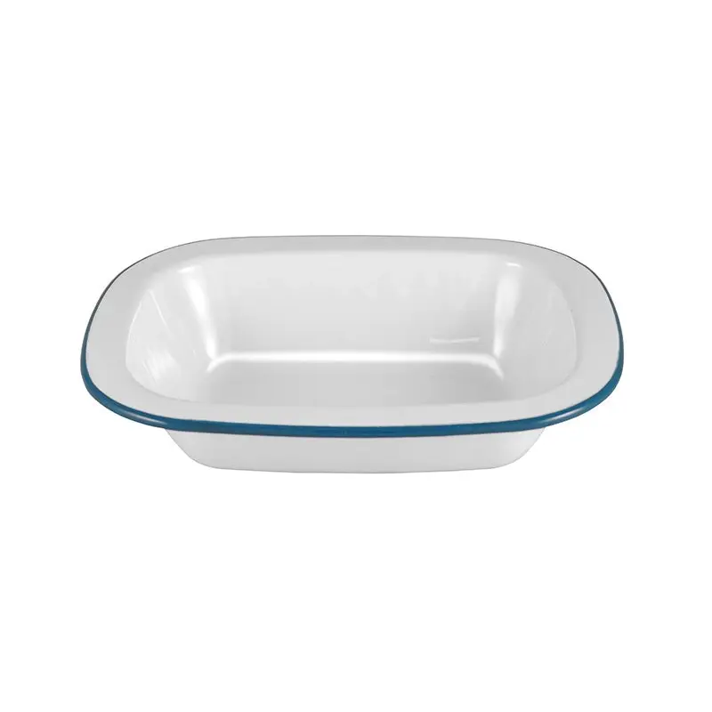 Urban Style Enamelware 26cm Pie Dish Rectangle Snack Container w/ Blue Rim White