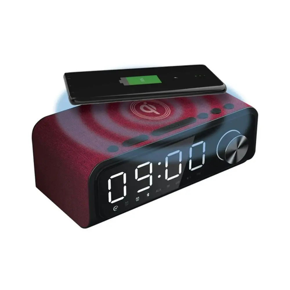 Laser 4-in-1 Digital Alarm Clock Radio w/Qi Charging/Bluetooth Speaker/Mic Red