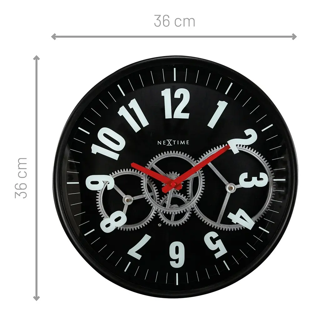 NeXtime Modern Gear 36cm Analogue Wall Clock Round Hanging Home Decor Black