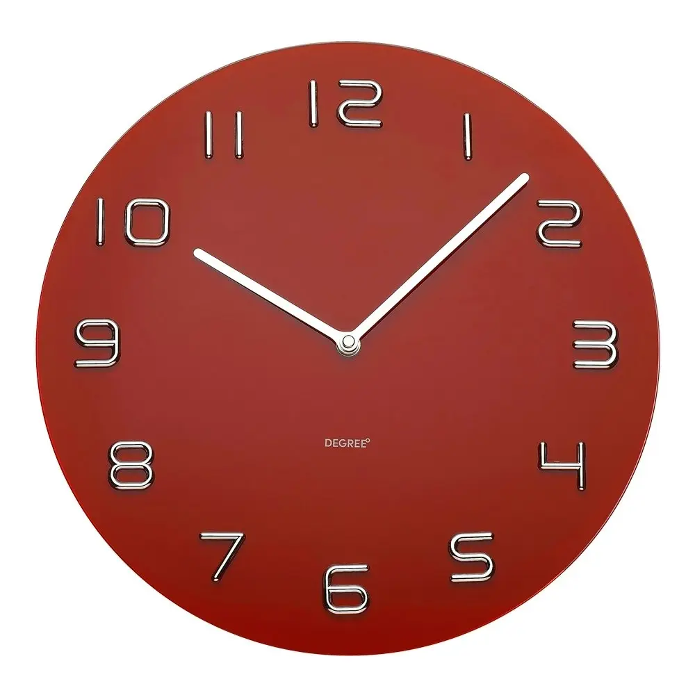 Degree 35cm Glass Round Quartz Wall Clock Chrome Home Decor Arabic Numbers Red