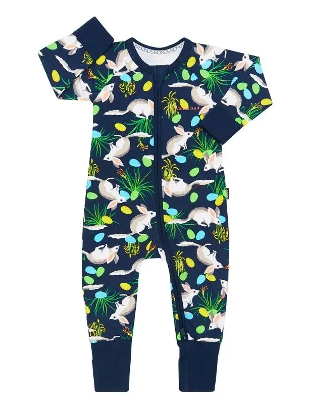 3 x Bonds Wondersuit Baby 2-Way Zip Coverall Navy With Rabbit