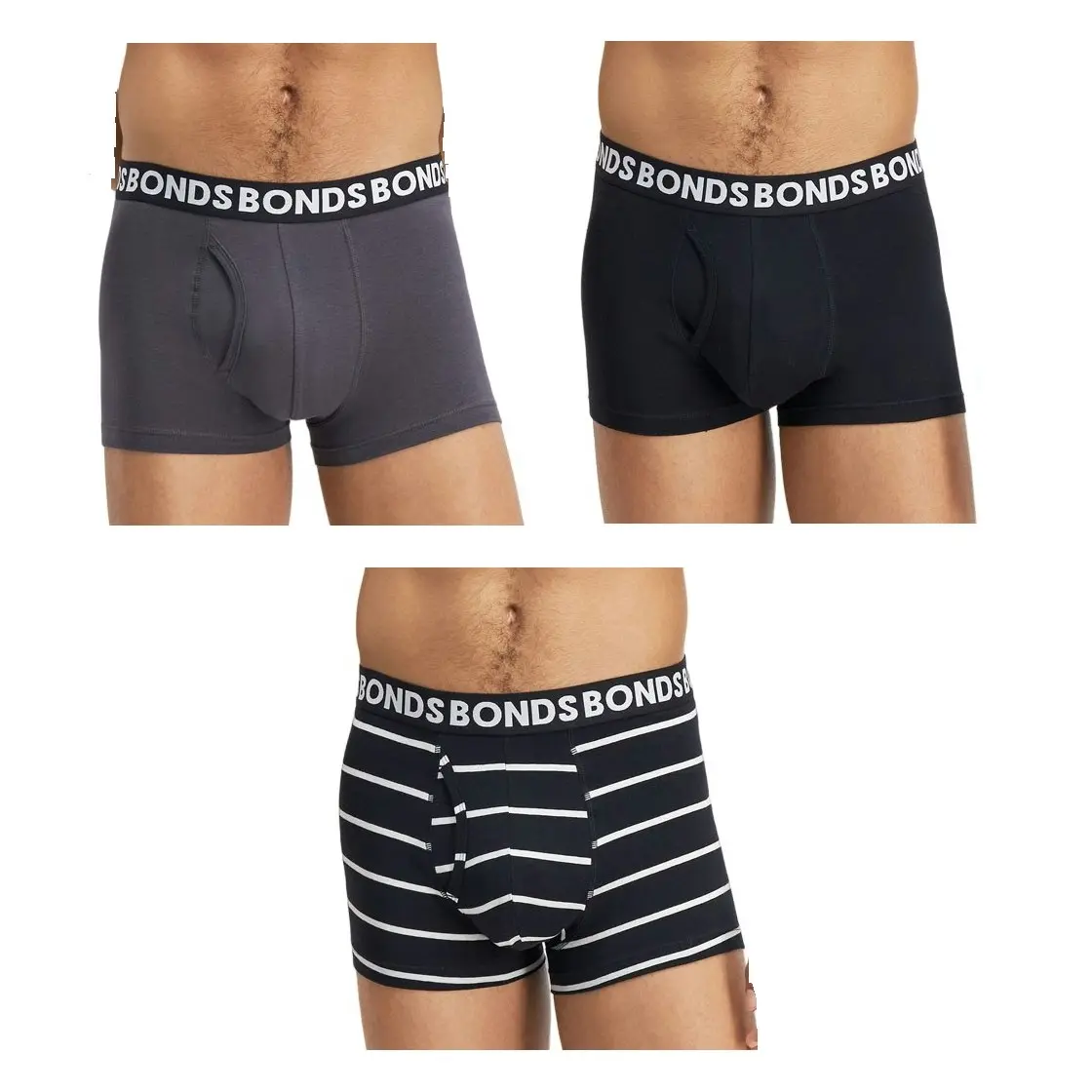 12 X Mens Bonds Everyday Trunks Underwear Black Stripe / Charcoal / Black