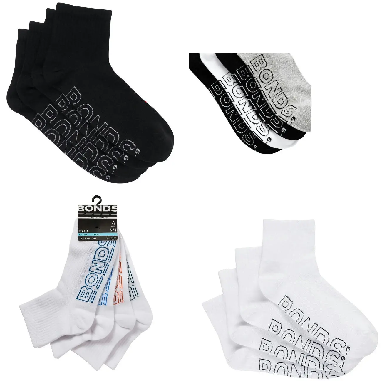 12 X Bonds Mens Logo Light Quarter Crew Socks - 1/4 Crew Black White