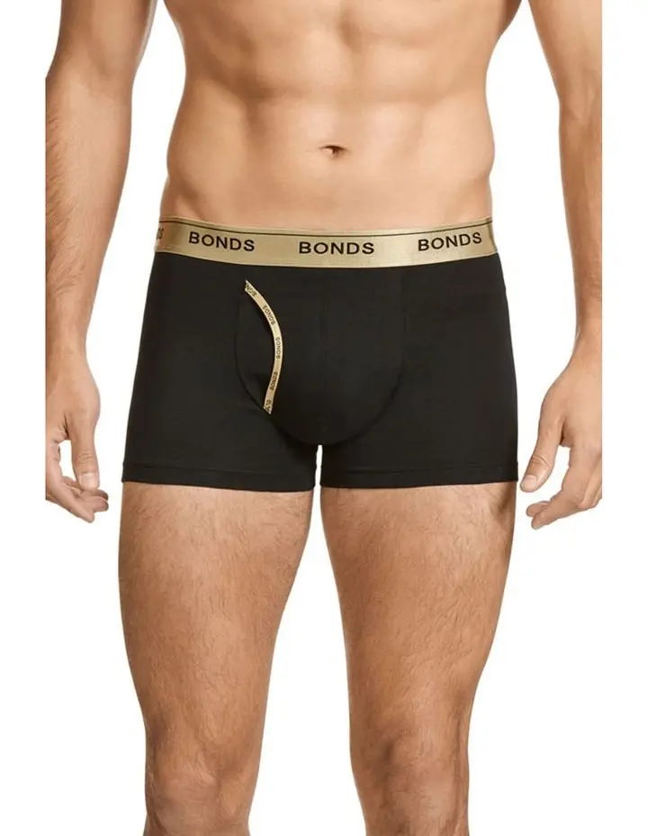 3 x Bonds Microfibre Guyfront Trunk Mens Underwear Trunks Black With Gold