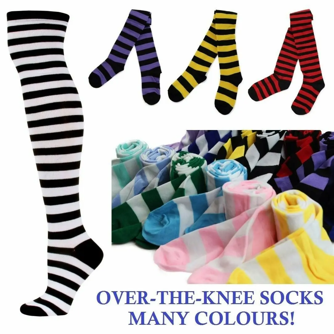 Over The Knee Socks Striped Stripe Costume Long Stockings Black White Red Blue