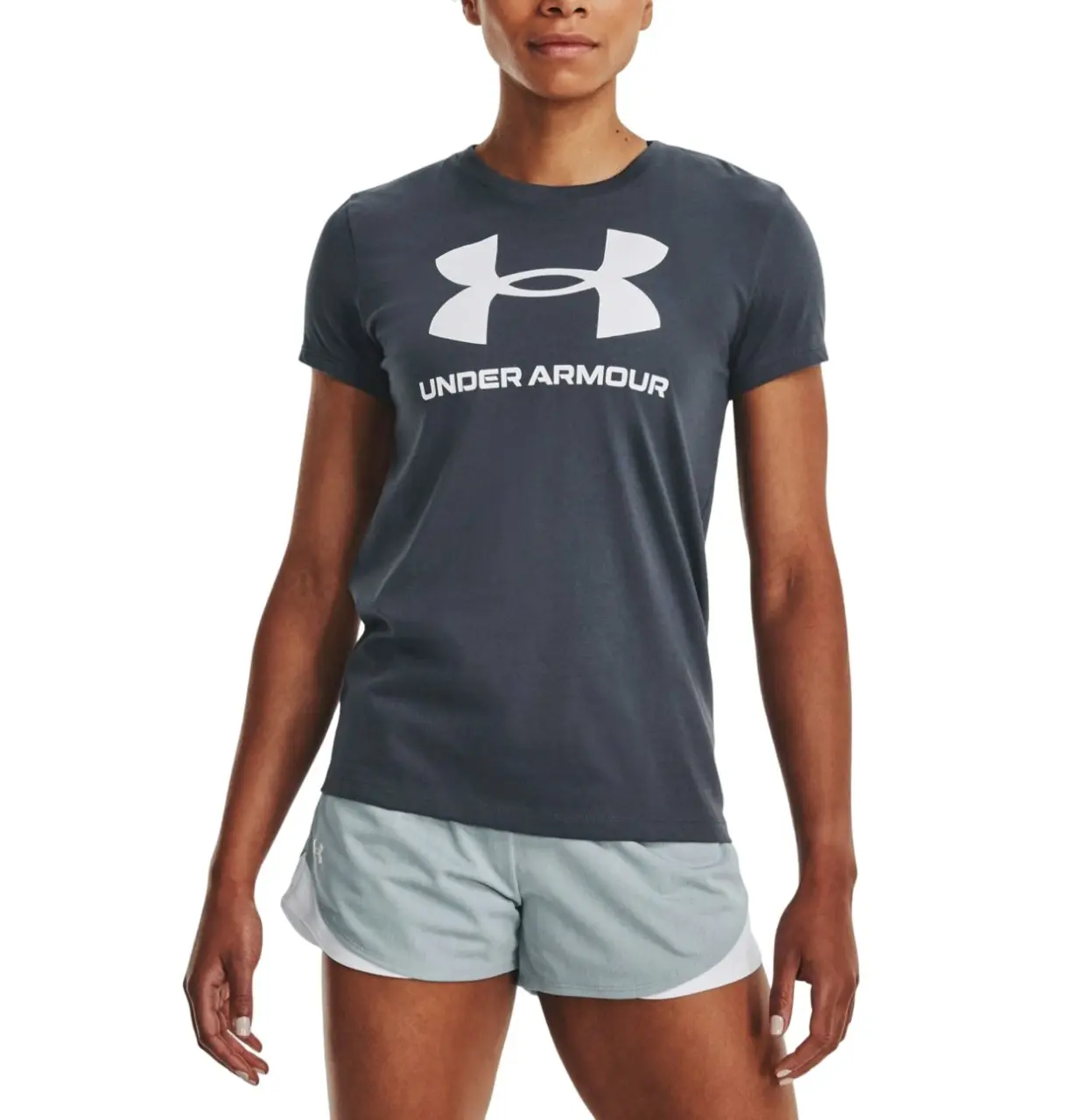 Womens Under Armour Sport Style Logo Short Sleeve Charcoal Shirt