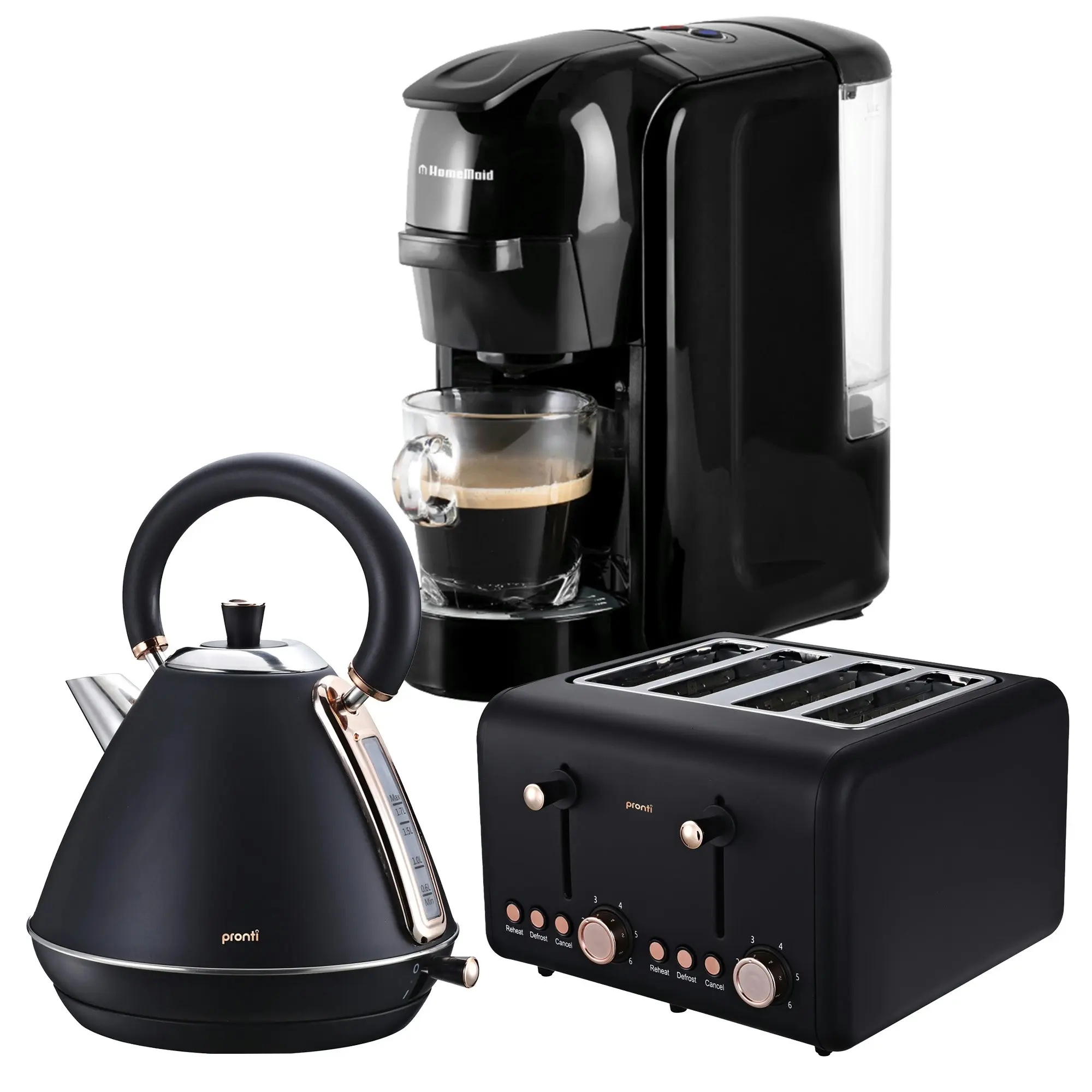 Pronti Kettle, Pronti Toaster and HomeMaid Coffee Machine Breakfast Set in Black