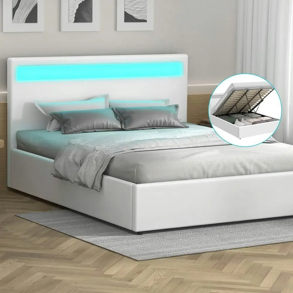 Alfordson Bed Frame King Size RGB LED Gas Lift Base Platform Storage White