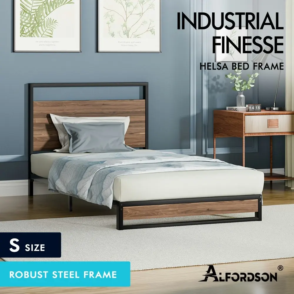 Alfordson Metal Bed Frame Single Size Industrial Platform Mattress Base Wood