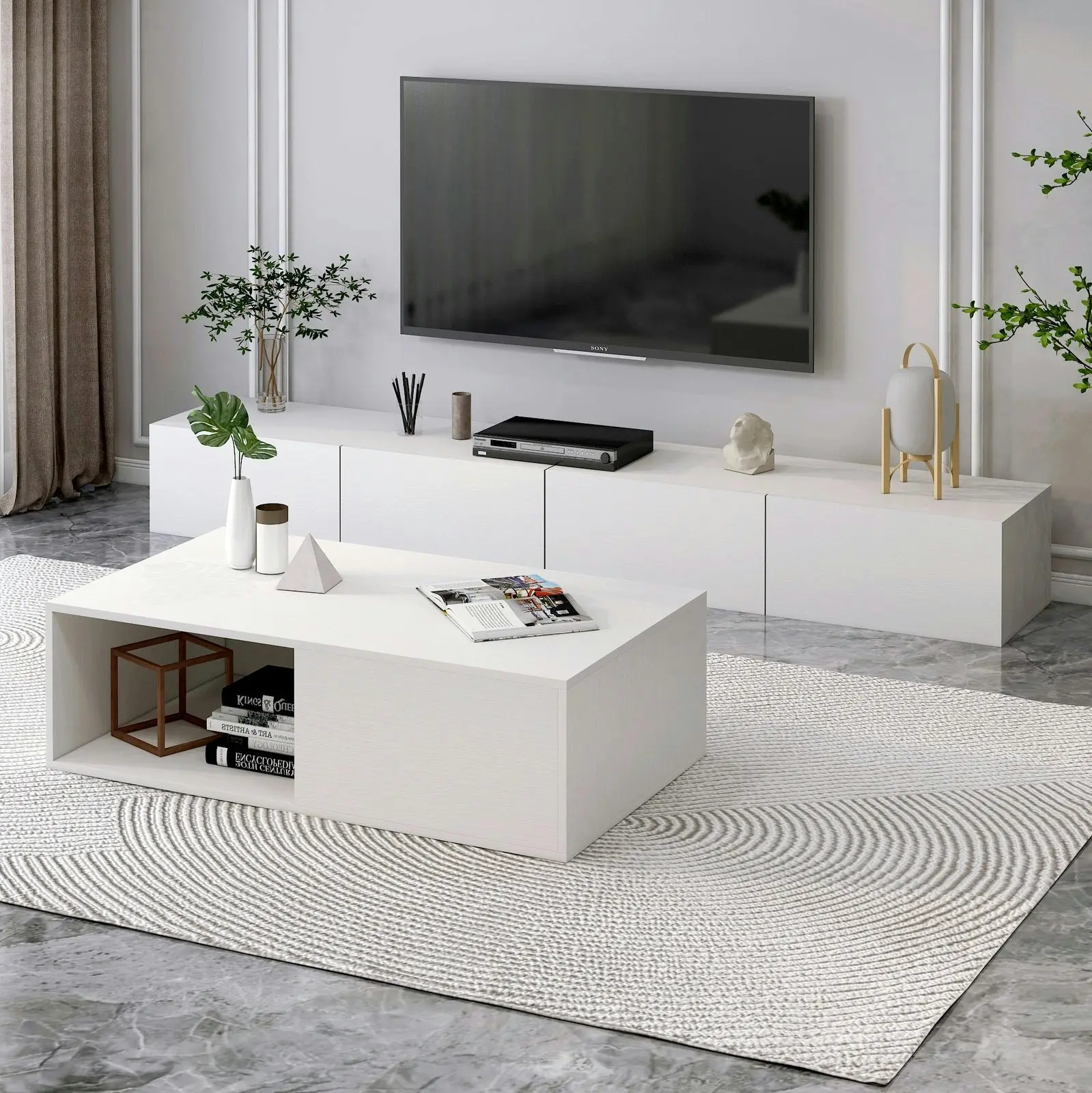 2-Piece Set Lusso Designer Wooden Coffee Table & 2.4m TV Cabinet (White)