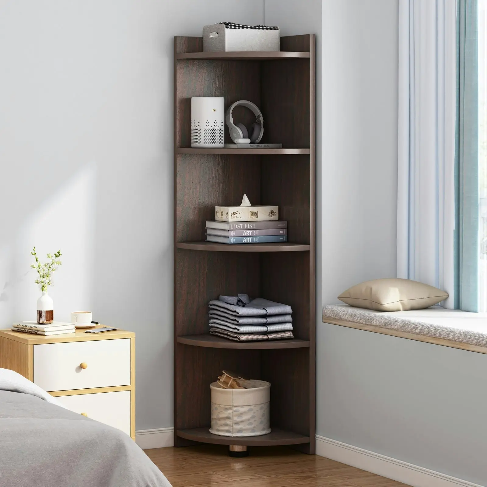 Inspire 5 Tier Stylish Wooden Corner Shelf Unit (Black Walnut)