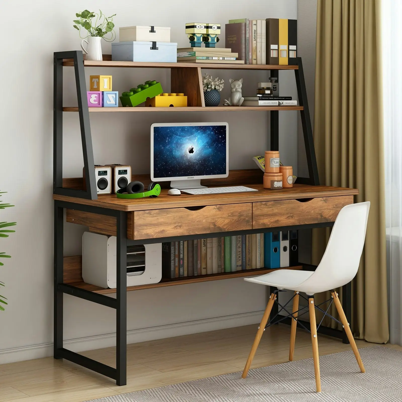 Enterprise Large Computer Desk Workstation with Shelves & Drawers (Rustic Wood)