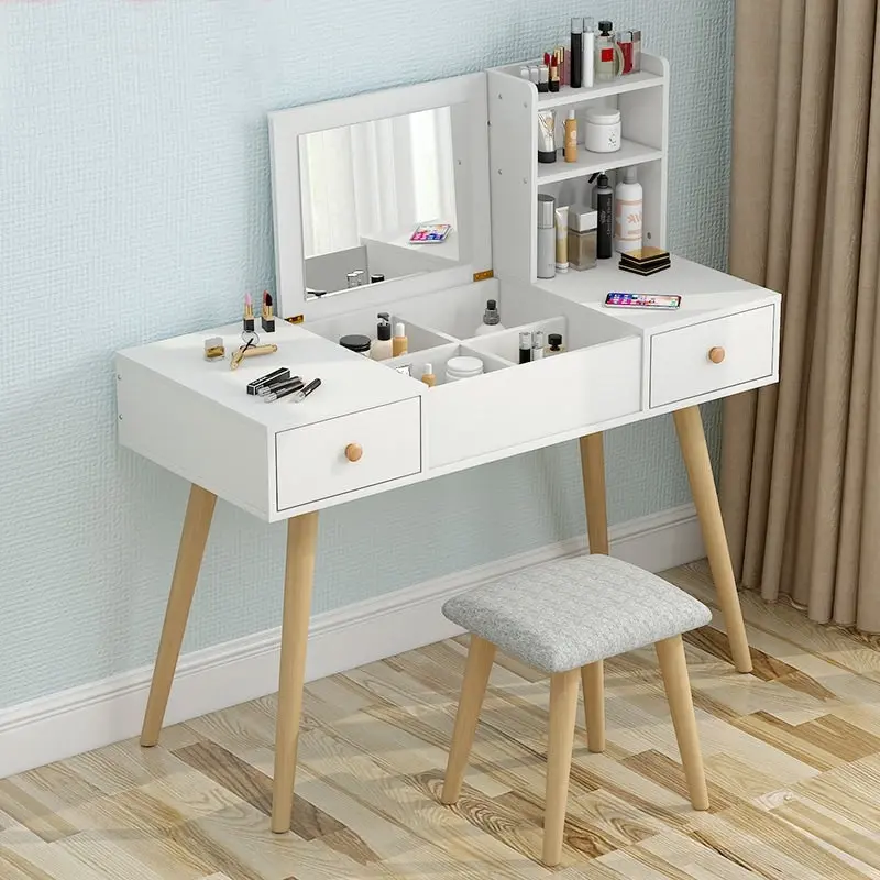 Glam Large Dresser Vanity Table with Mirror, Stool and Storage Shelves Set (White)