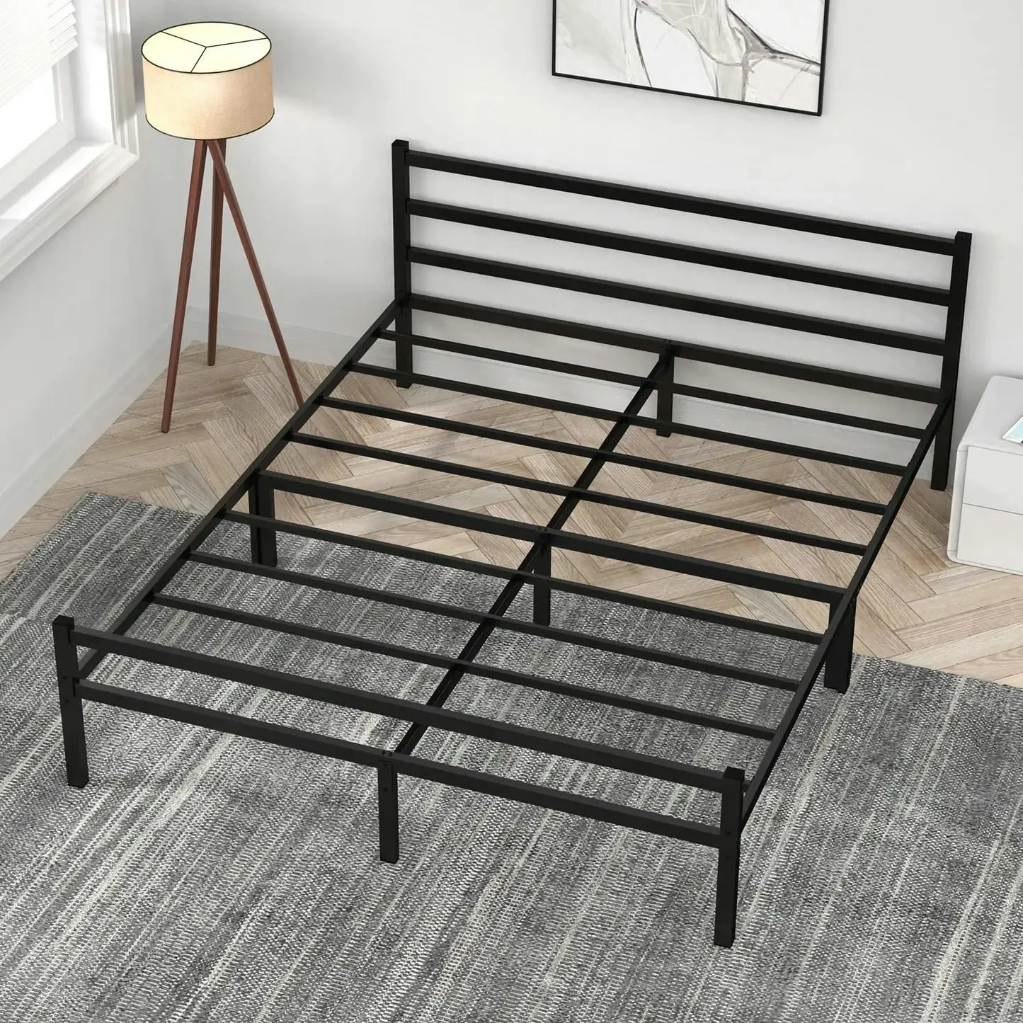 Titan Heavy Duty Metal Platform Bed Base Frame - Queen Size, Black Steel