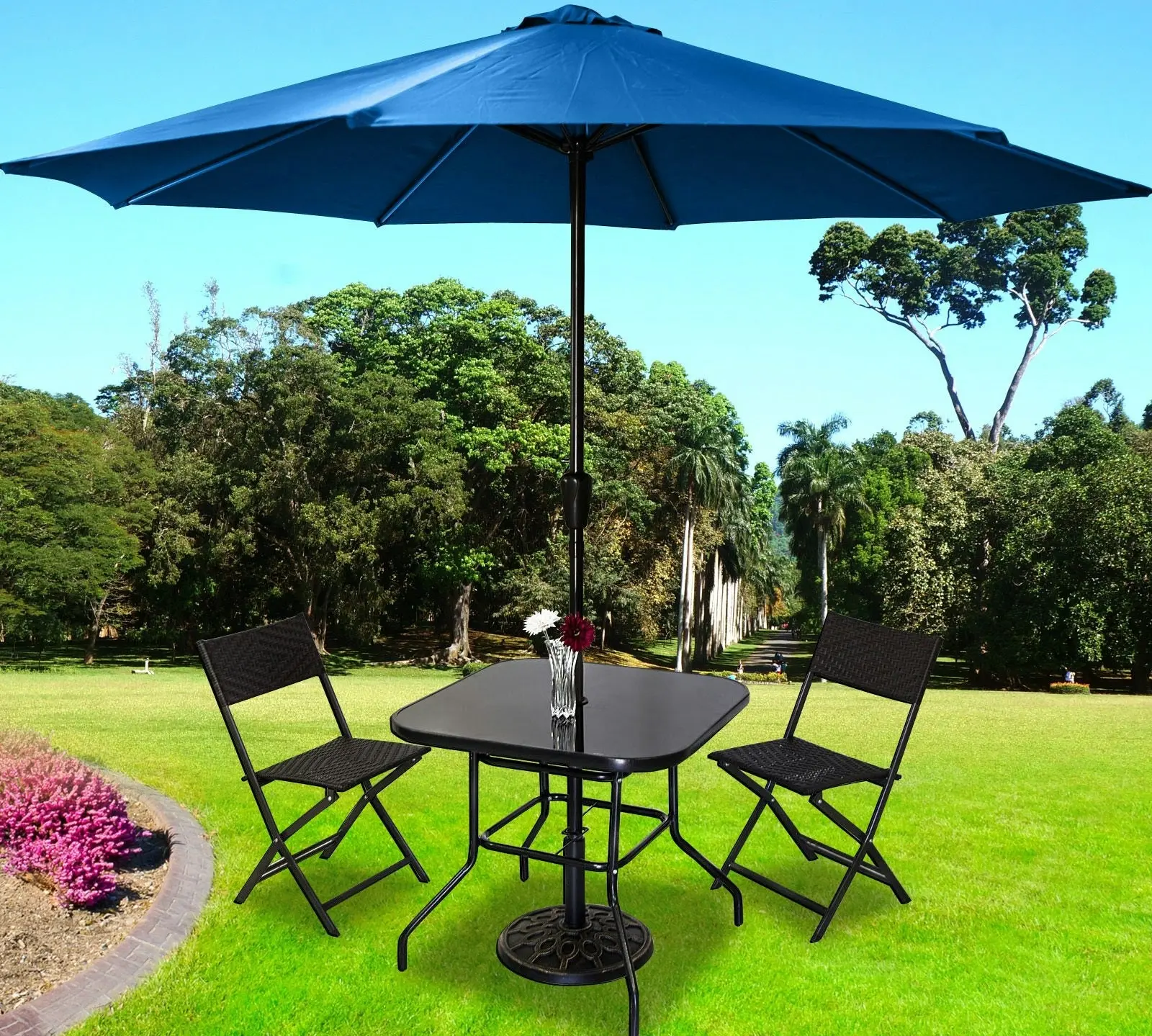 Alfresco 5PC Outdoor Setting (Blue Umbrella & Stand, 2 Rattan Chairs, Square Table)