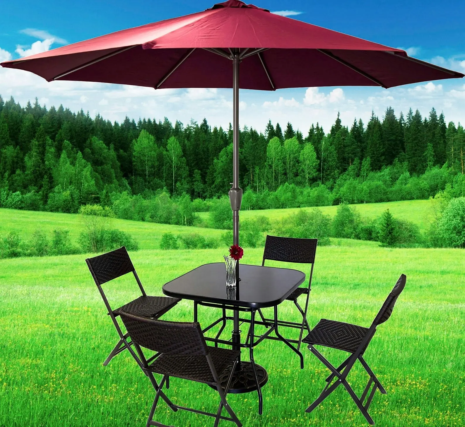 Alfresco 7 Piece Outdoor Setting (Maroon Umbrella & Stand, 4 Rattan Chairs, Square Table)