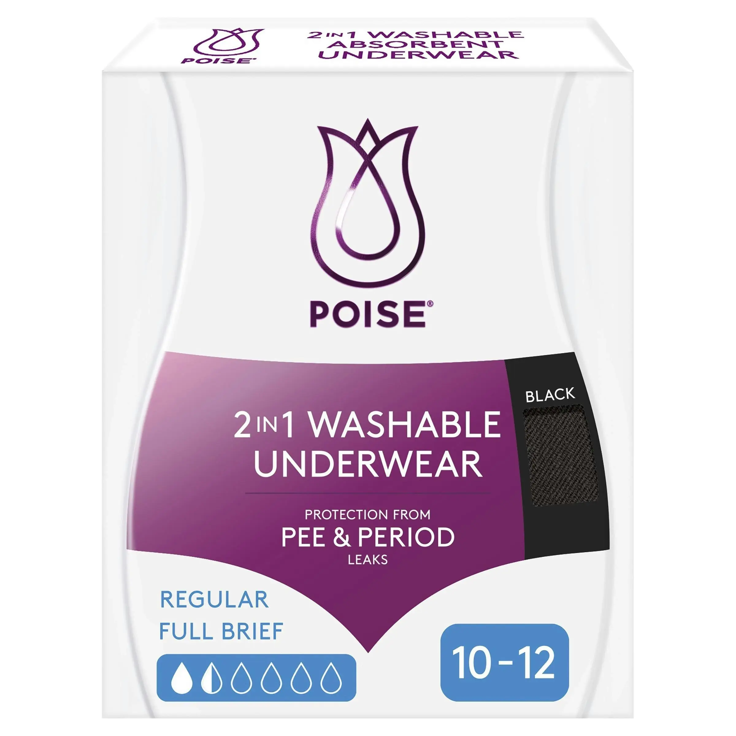 Poise 2-in-1 Period & Incontinence Undies Black Size 10-12 1 Pack