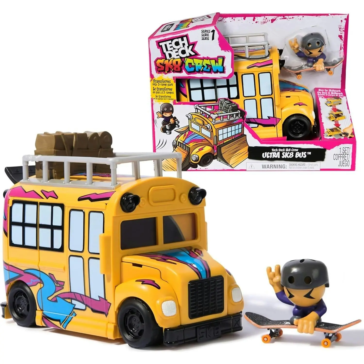 Tech Deck - Sk8 Crew 2-in-1 Transforming Ultra Sk8 Bus & Storage With Fingerboard & Figure Collectible Mini Skateboards - Spin Master