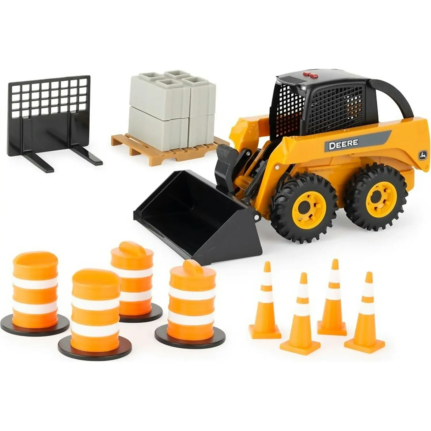 John Deere - 1:16 Scale Skid Steer Toy Set With Barrels Cones And Blocks - Tomy