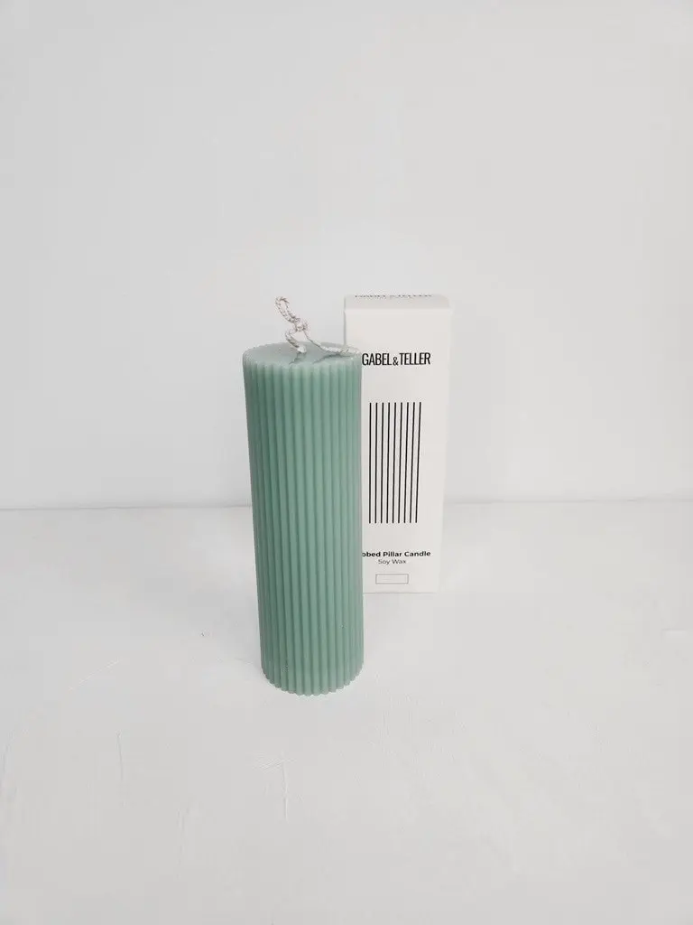 Gabel & Teller Ribbed Column Pillar Candle 15x5cm - Sage Green