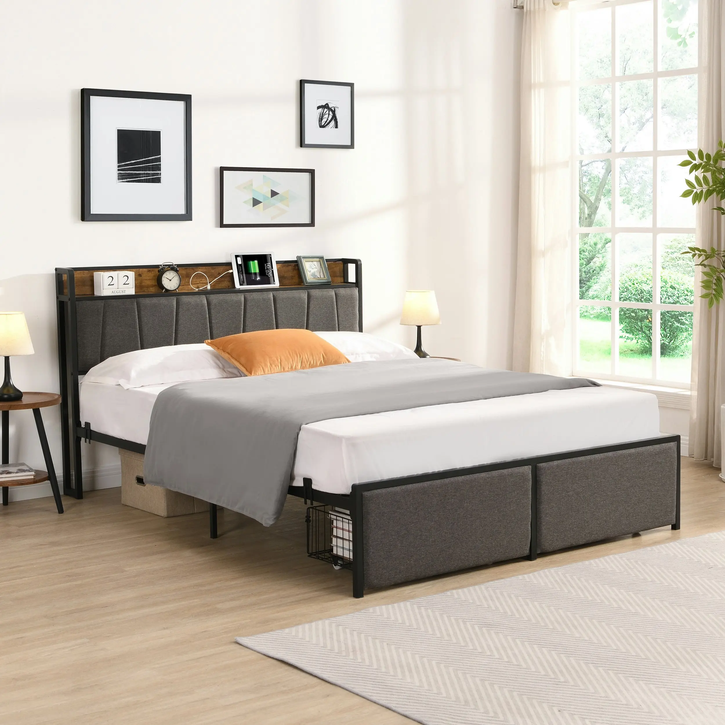 IHOMDEC  Double Size Metal & Wood Bed Frame 2 Plug Outlets &1 USB ports and 1 Type C Charging Station and 2 Drawers BED04 Grey