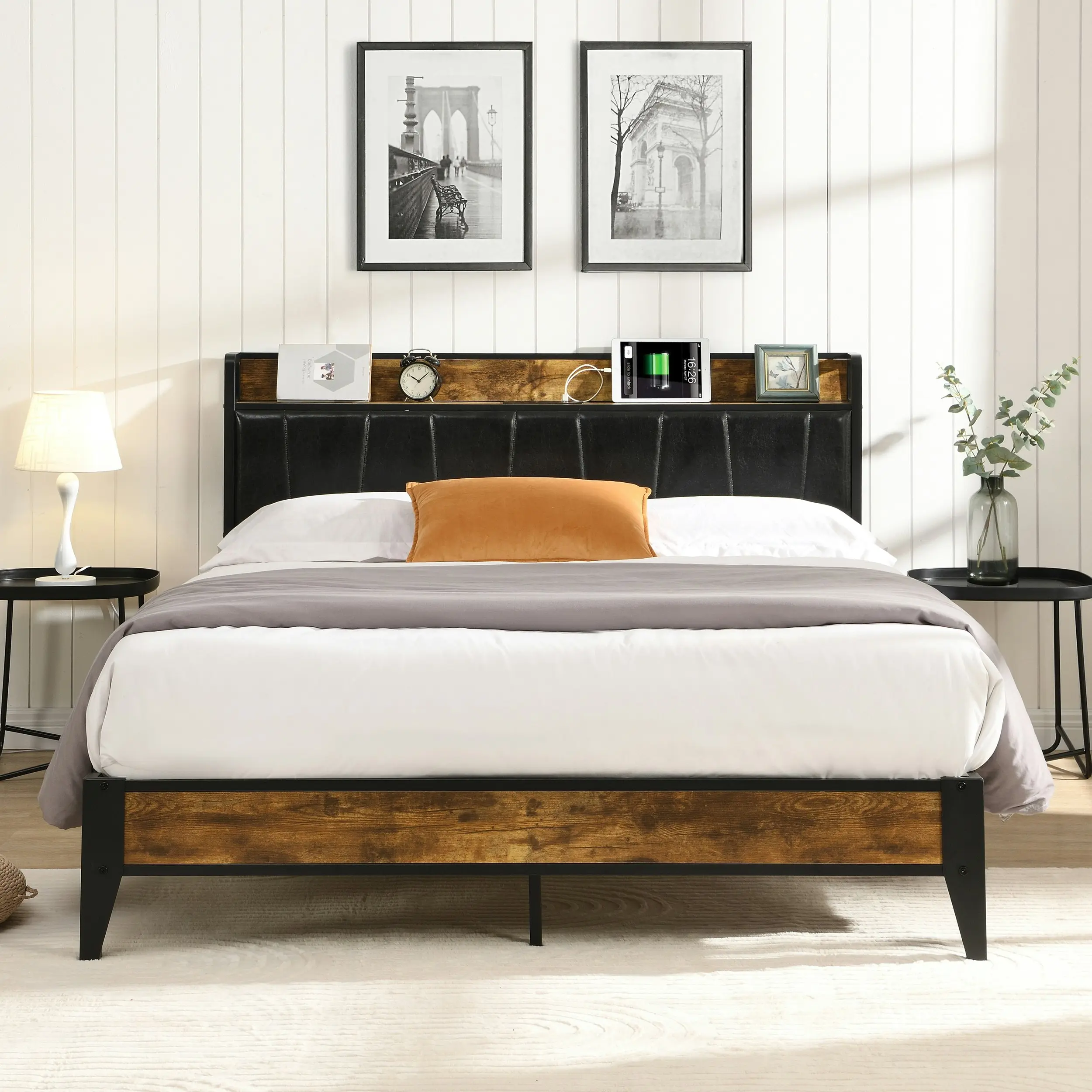 IHOMDEC Queen Size Metal & Wood Bed Frame 2 Outlets &1 USB ports and 1 Type C Charging Station BED03 Rustic Dark Brown