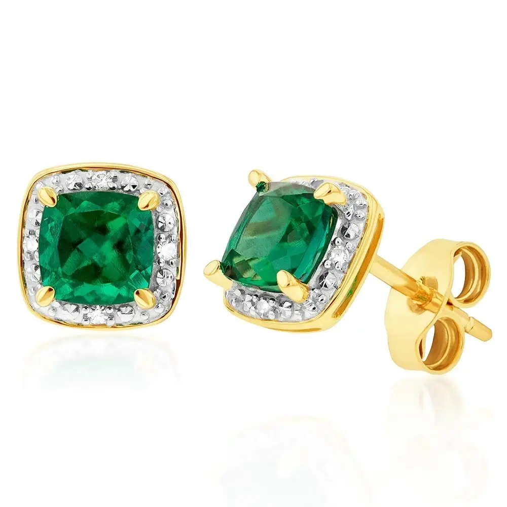 9ct Yellow Gold Created Emerald and Diamond Cushion Cut Studs