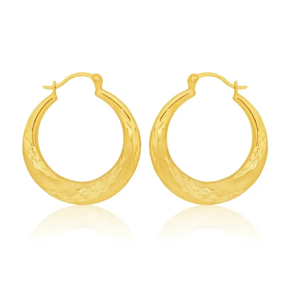 9ct Yellow Gold 15mm Creole With Diamond Cut Pattern Earrings