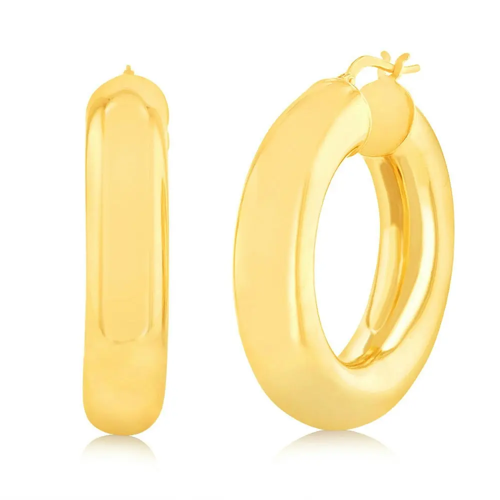 Sterling Silver Gold Plated Polished Tube 20mm Hoop Earrings