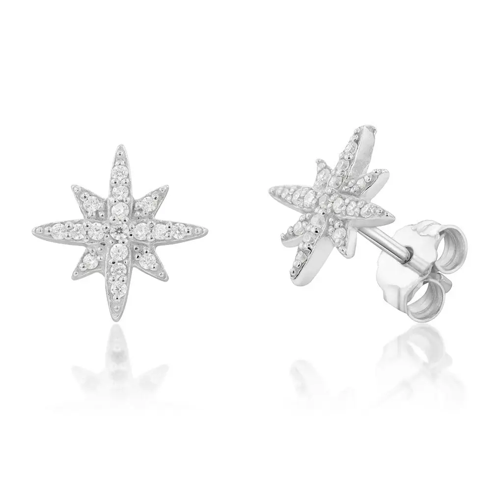 Sterling Silver Cubic Zirconia Star Stud Earrings