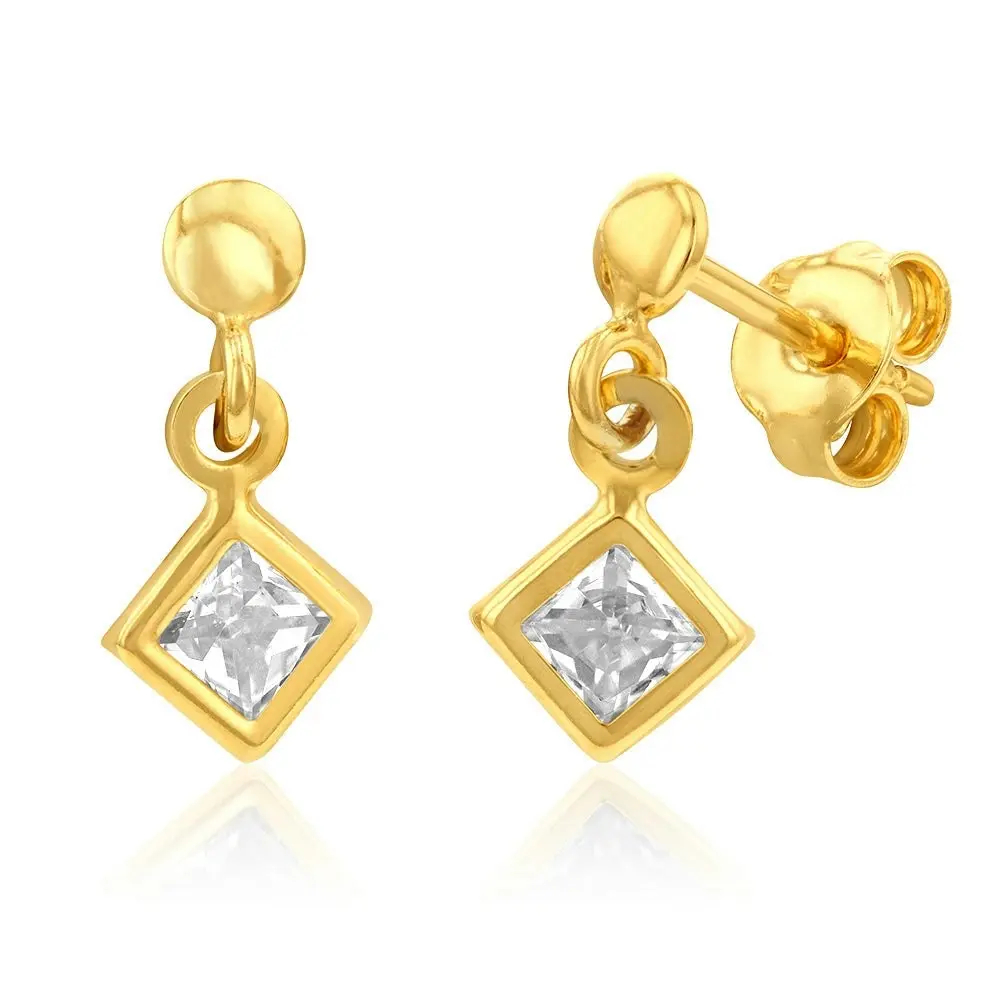 9ct Yellow Gold Silverfilled Cubic Zirconia Diamond Shaped Drop Earrings