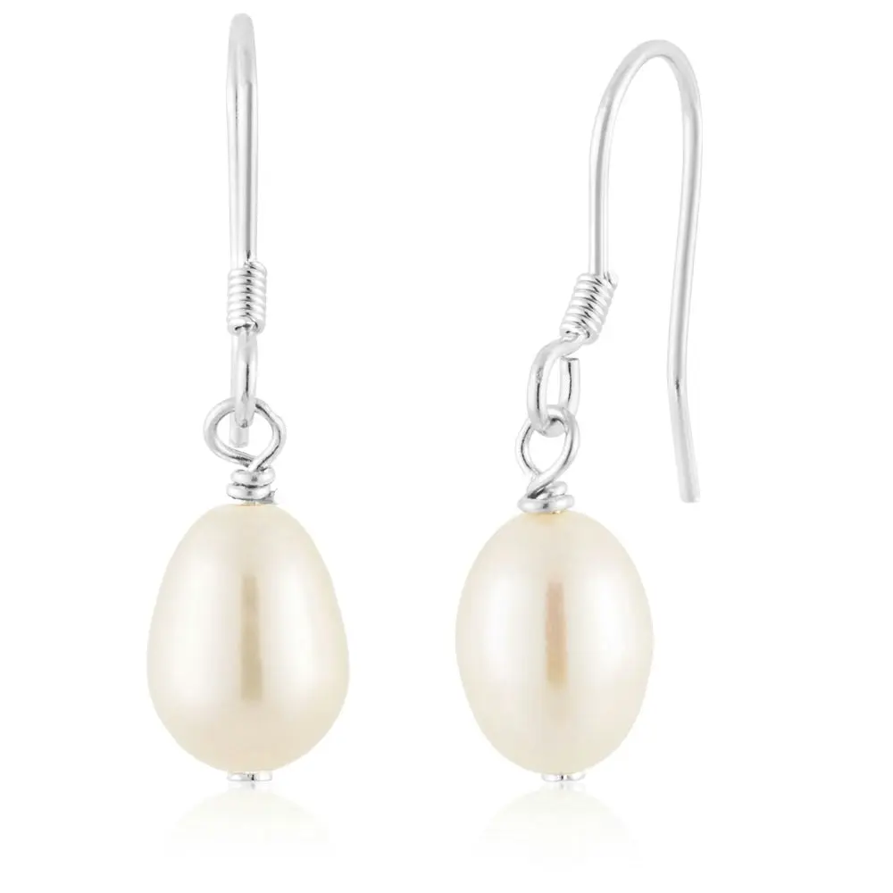 White 6x8mm Freshwater Pearl Drop Earrings