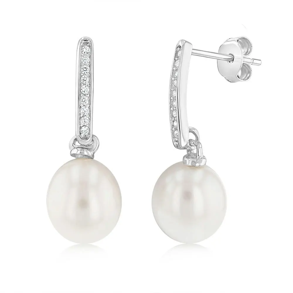 Sterling Silver White Rice Pearl & Cubic Zirconia Stud Earrings