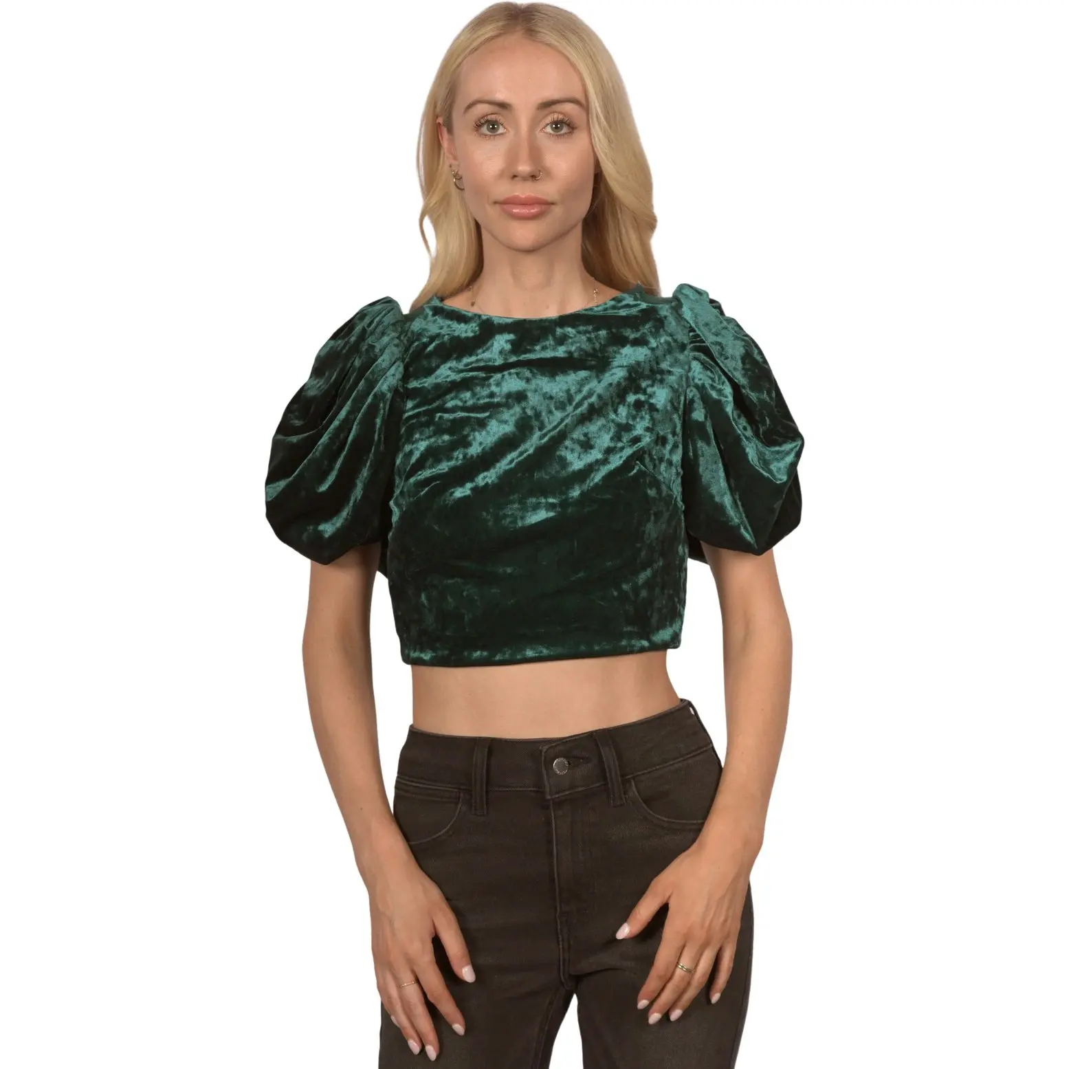 Topshop Women's Cropped Velvet Balloon Sleeve Blouse In Emerald Green