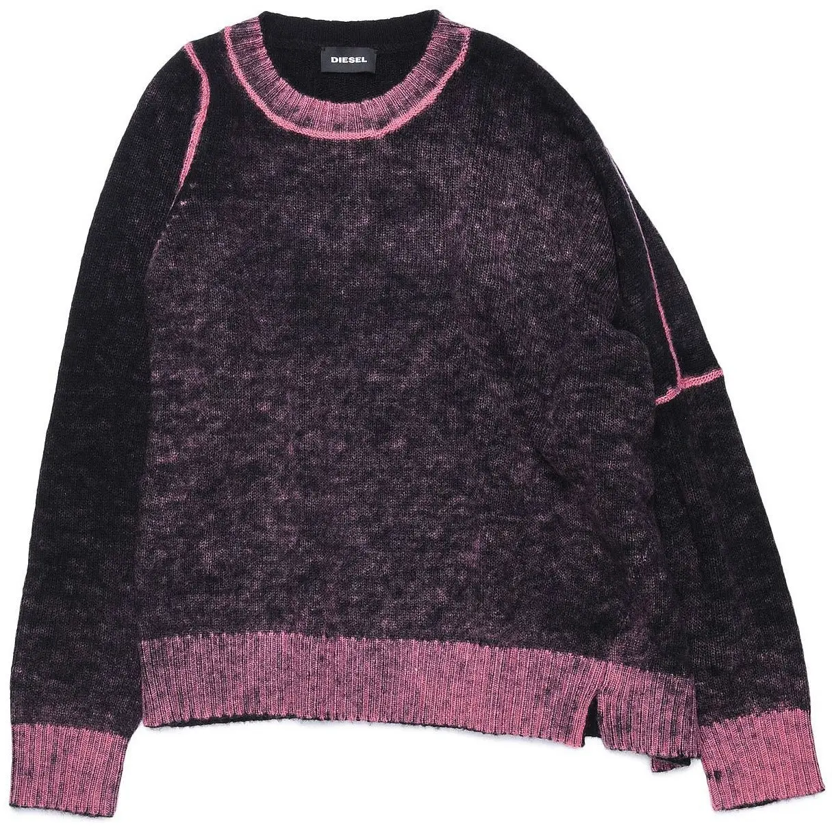 Diesel Girls Black Asymmetrical Wool Sweater With Pink Stitching