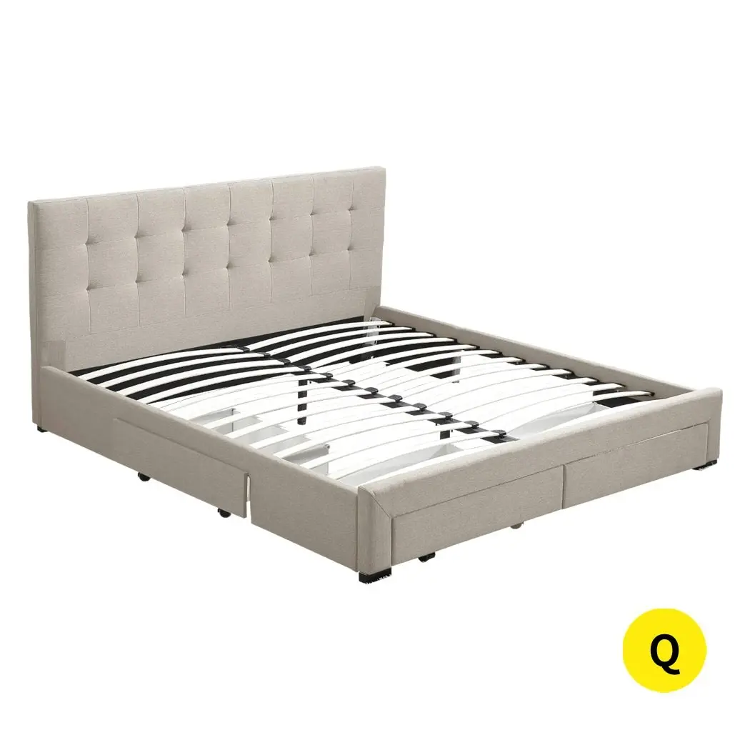 Levede Fabric Bed Frame Queen Tufted 4 Drawers Storage Wooden Mattress Beige