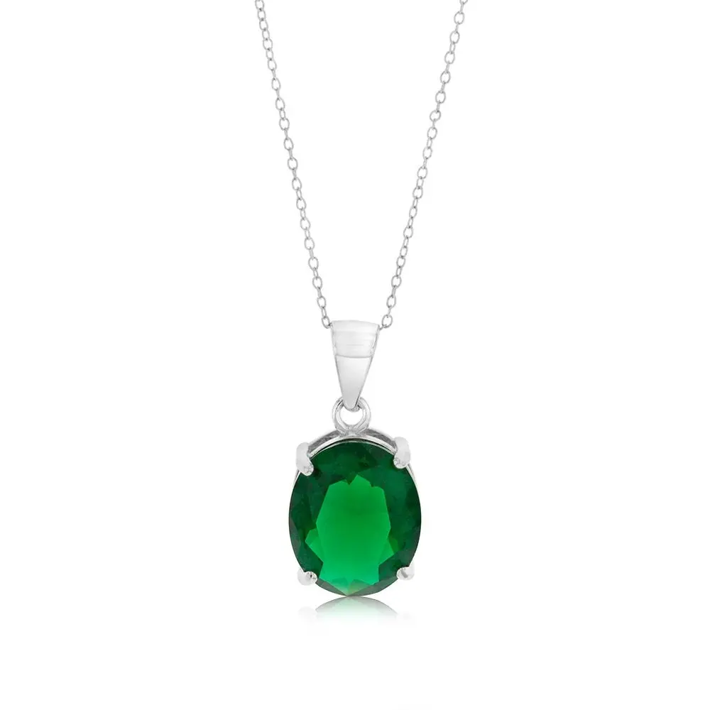 Sterling Silver Oval Created Emerald Pendant