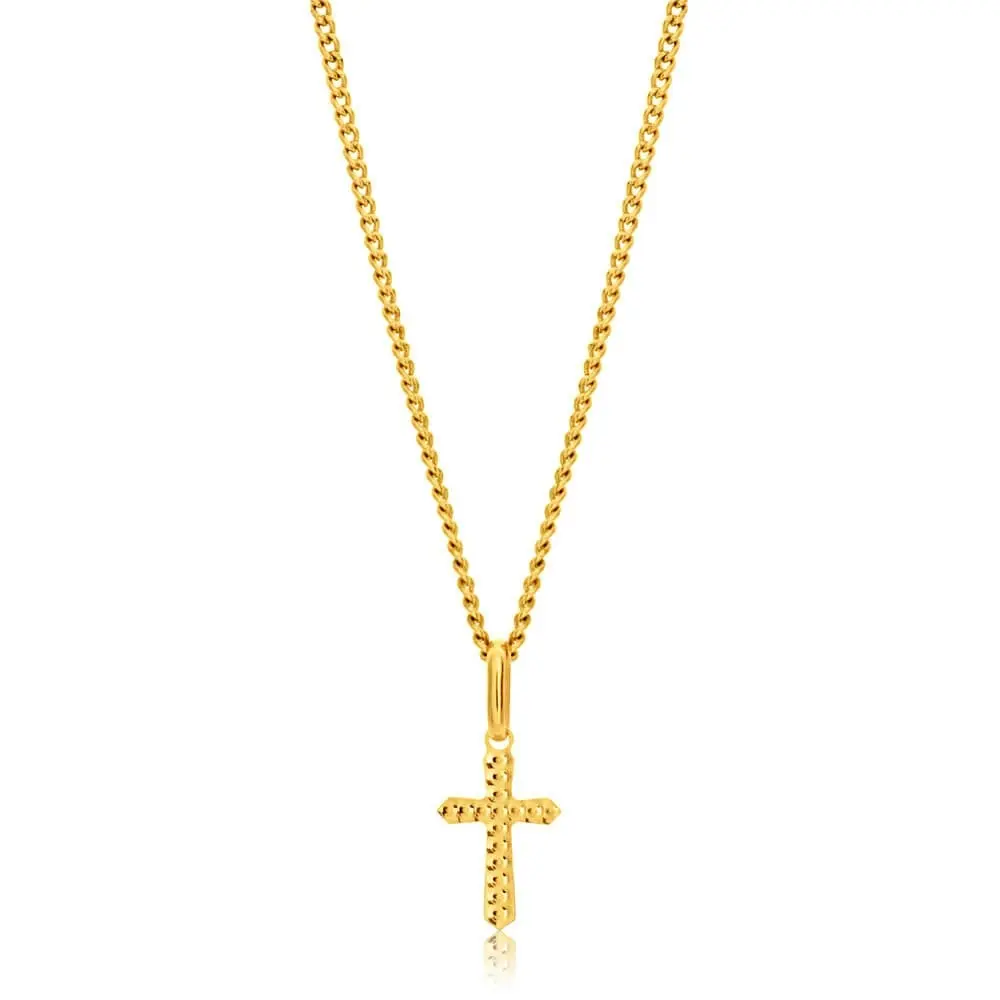 9ct Yellow Gold Plain & Diamond Cut 11mm Cross Pendant