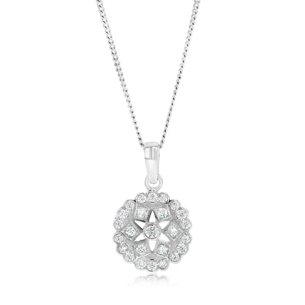 Sterling Silver Geometric Flower Cubic Zirconia Pendant