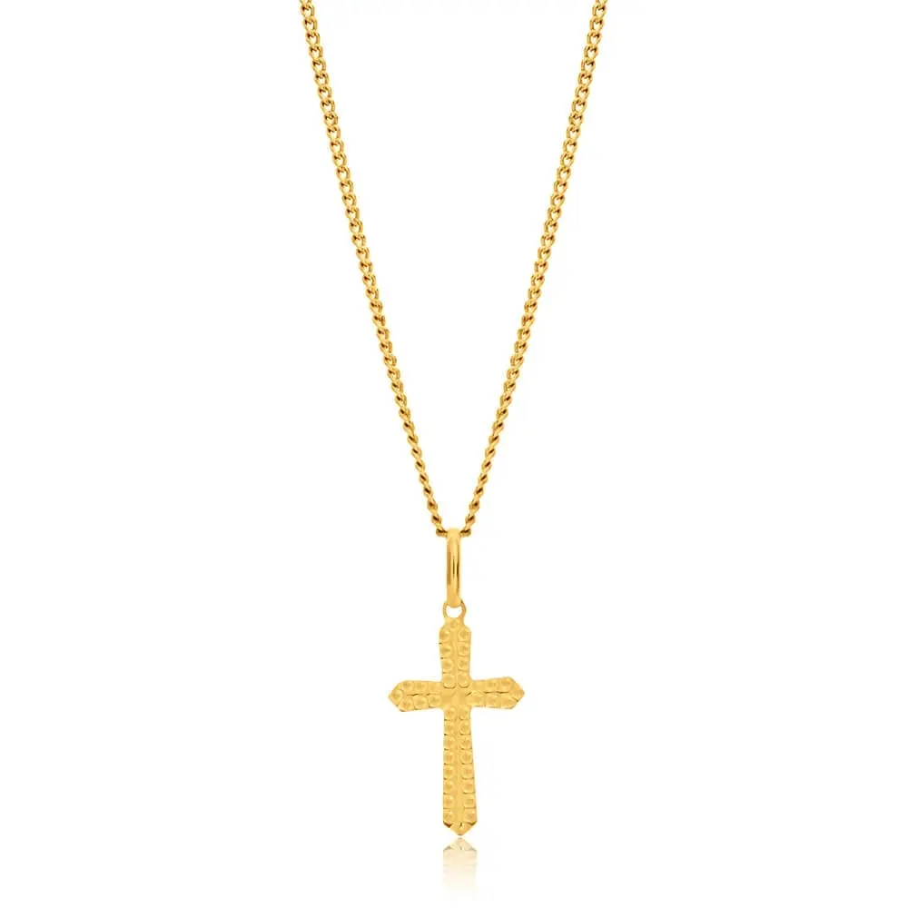 9ct Yellow Gold Plain & Diamond Cut 17mm Cross Pendant