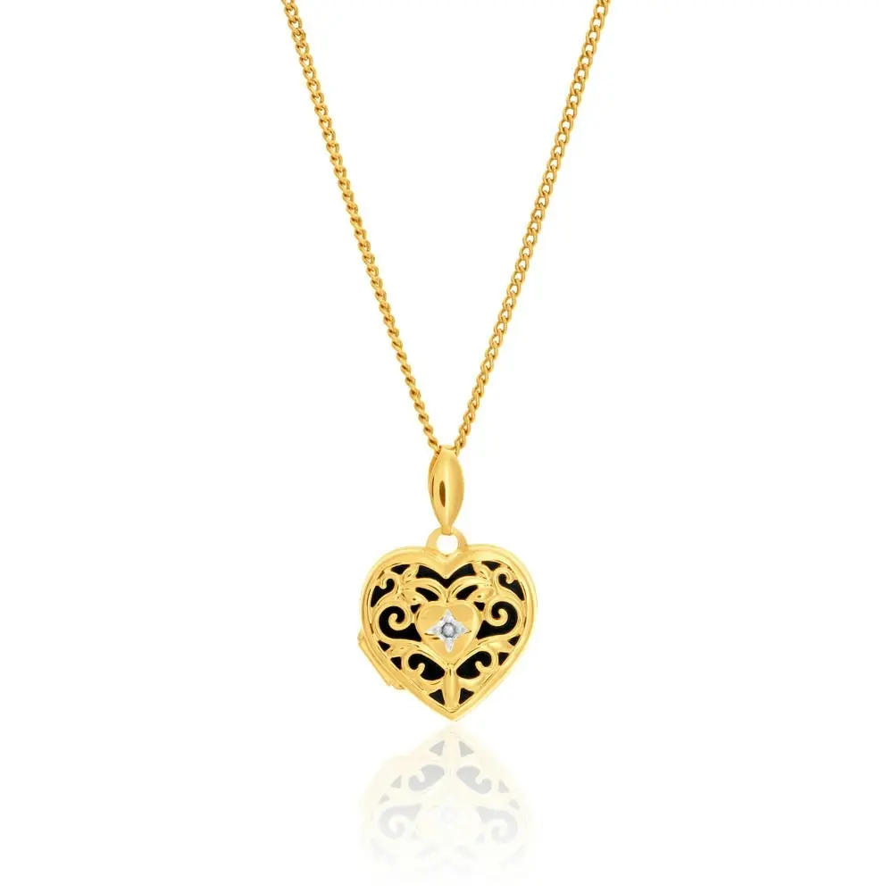 9ct Yellow Gold Silver Filled Diamond Set Heart Shaped Filigree Locket