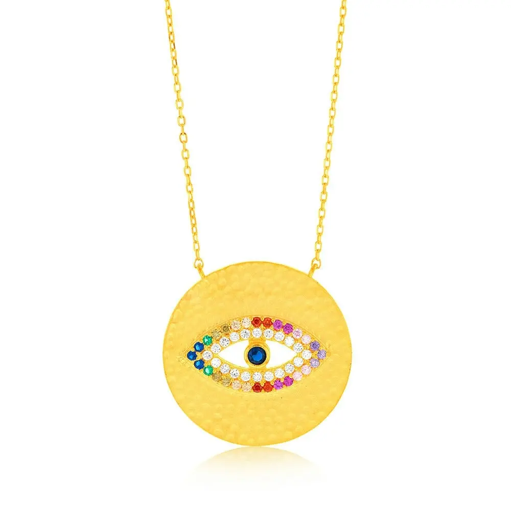 Sterling Silver Gold Plated Multicolour Zirconia Evil Eye Round Disc Pendant On 45cm Chain