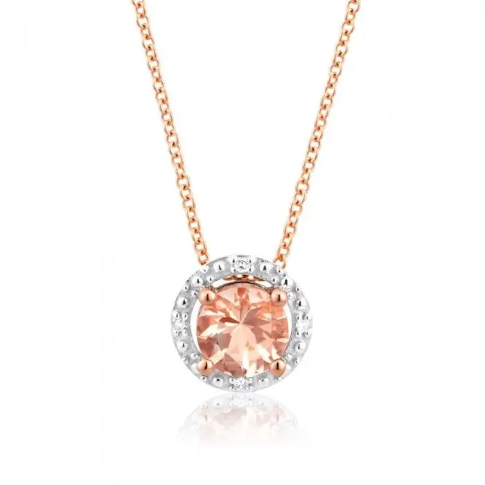 9ct Rose Gold Morganite 5mm with Diamond Halo Pendant With 45cm Chain